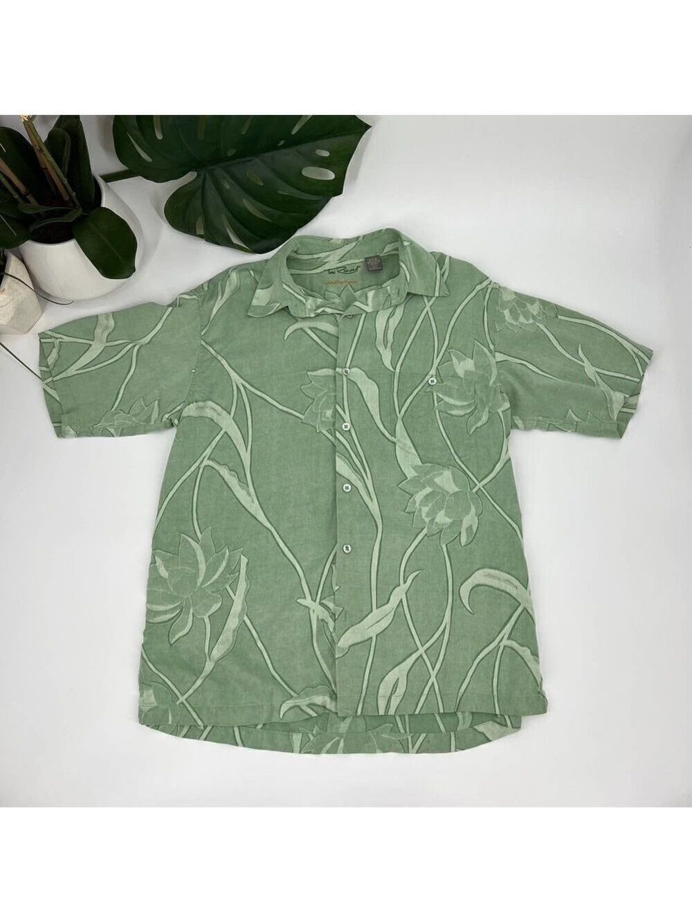 Tori Richards Vintage Hawaiian Print  Aloha Shirt Green/Cream Floral Large